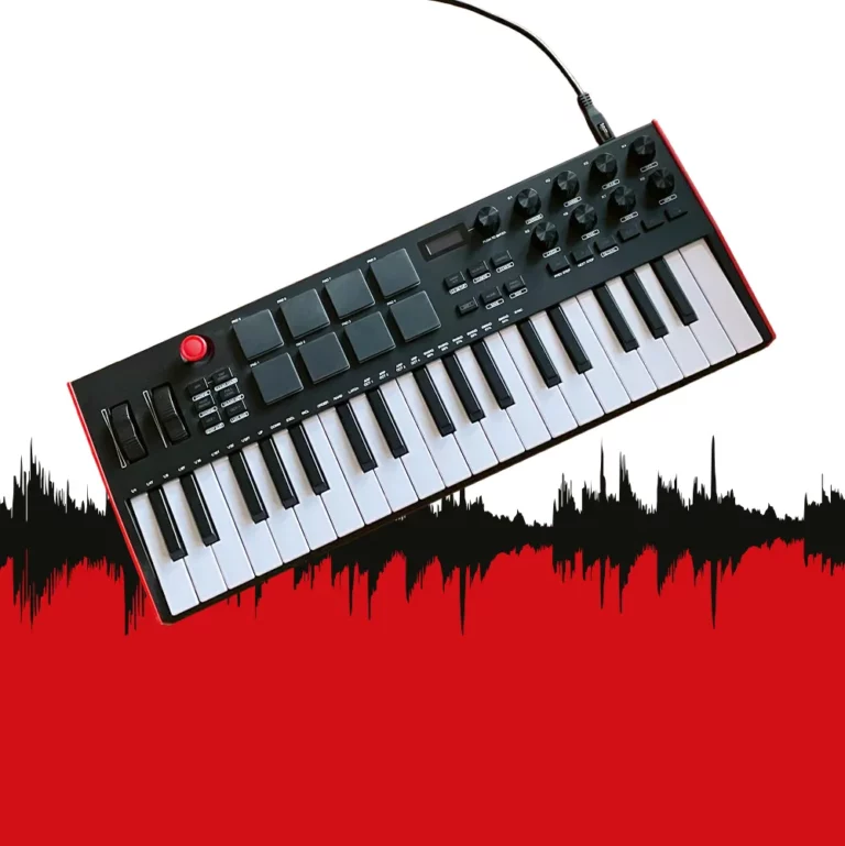 Illustration mit digitaler Audiowelle und Keybord mit Klaviertasten im Vordergrund