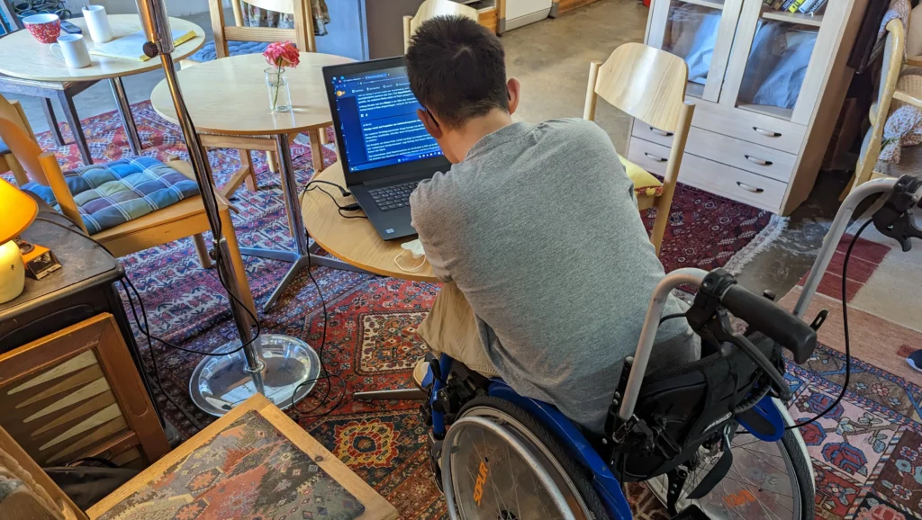 Junger Mann im Rollstuhl vor Laptop sitzend
