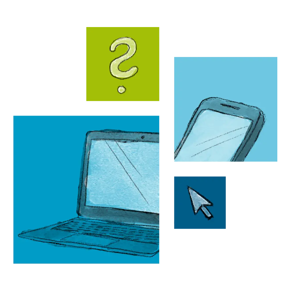 Illustration mit 4 Vierecken mit Smartphone, Laptop, Fragezeichen und Mauspfeil